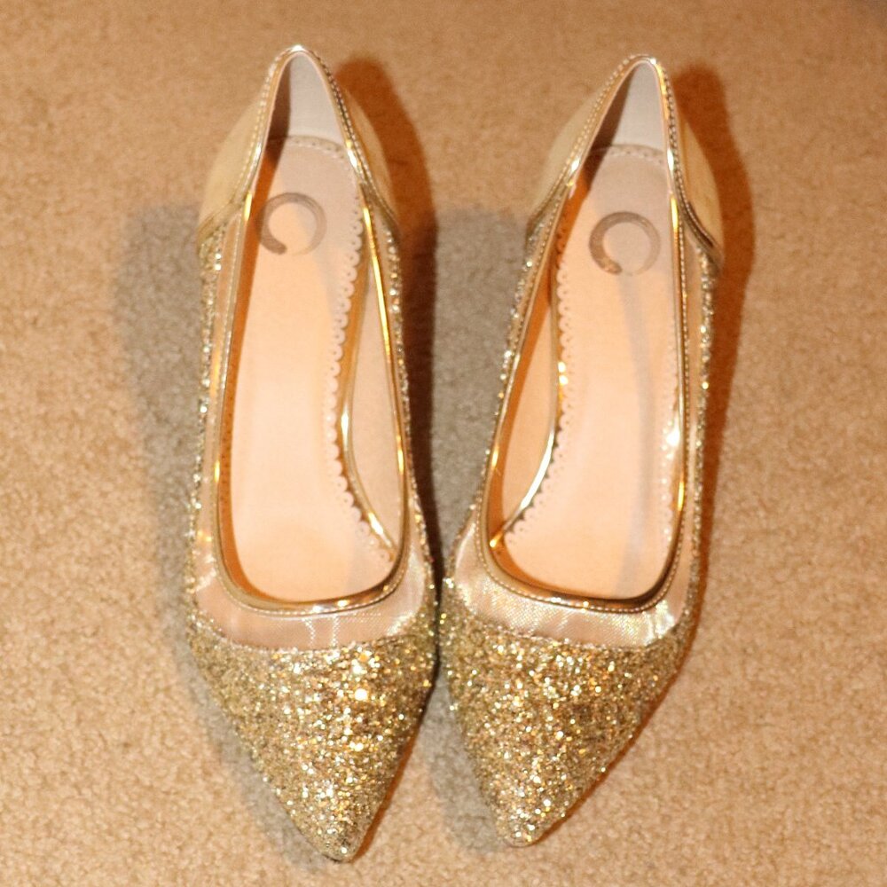 Journee Collection Gold Sparkle Heels, Sz 10M, Gold - Picture 2 of 6